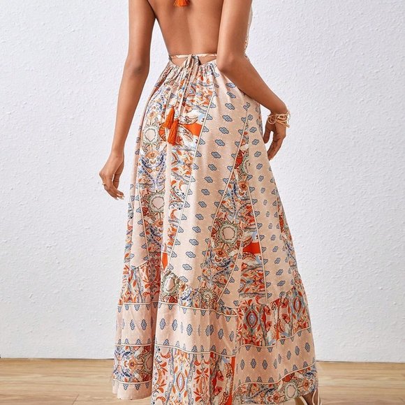 Tan Boho Womens Women's Printed Backless Vacation Dress - Picture 2 of 6